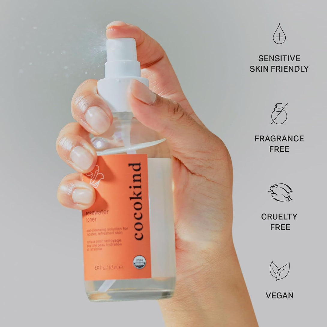 Rosewater Facial Toner by Cocokind, Multipurpose Spray to Set Makeup, Double Cleanse, and Balance Skins Ph, Made with Rose Hydrosol, 4 Fl Oz