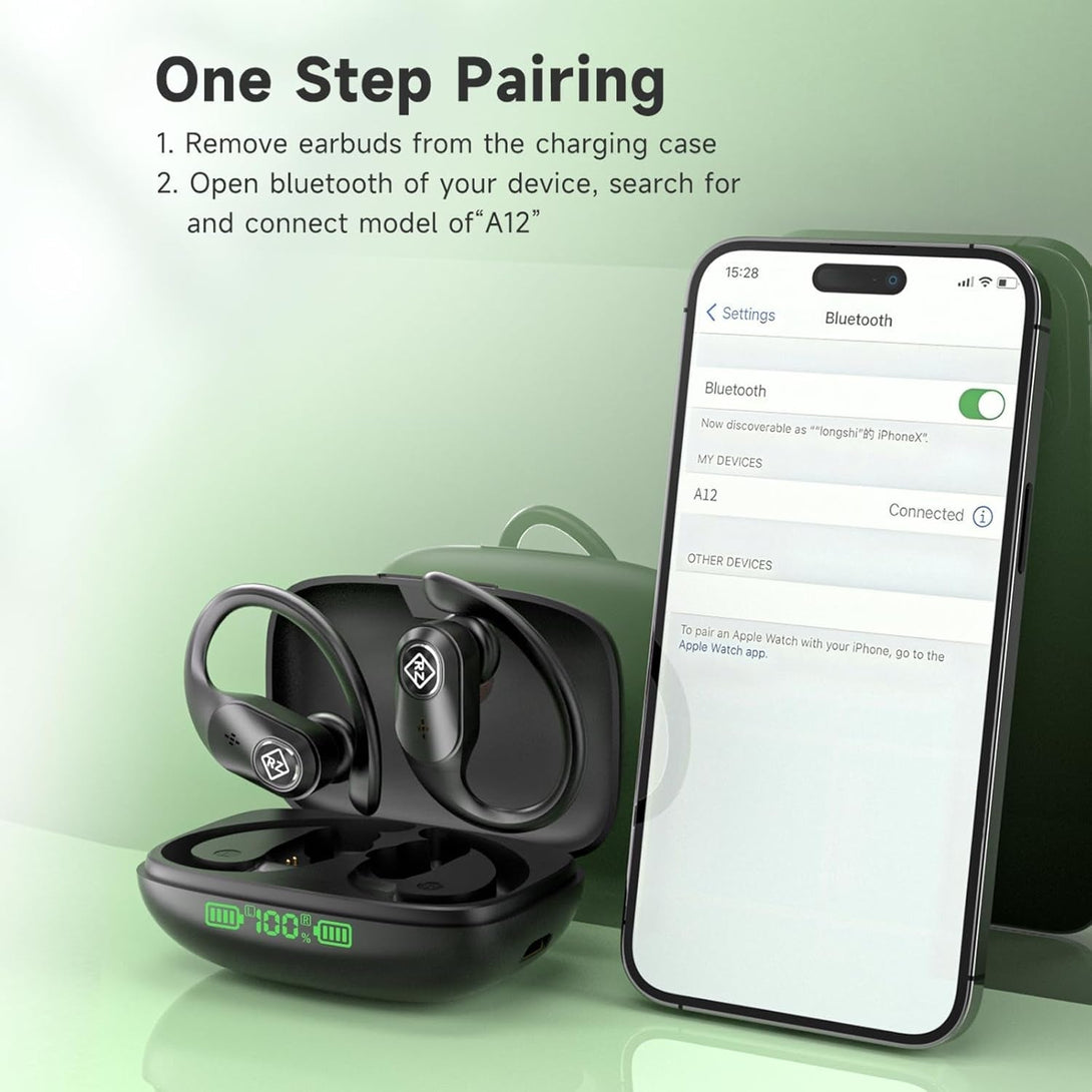 Wireless Earbuds Bluetooth Headphones 96H Playtime LED Display Waterproof Built in Mic Deep Bass Sound Secure over Ear Buds Earhooks for Iphone Android Samsung Cell Phones Sport Running Workout Gaming