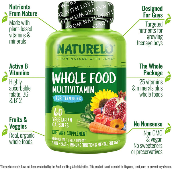 NATURELO Teen Multivitamin - Whole Food Multivitamin for Teenage Boys - Minerals Supplement for Active Kids - with Plant Extracts - Non-Gmo -