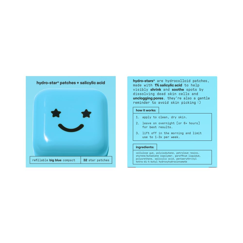 Starface Hydro-Star + Salicylic Acid Pimple Patches and Big Blue Compact, Helps Shrink and Soothe Deeper Spots, Cute Star Shape, Vegan, 32 Count
