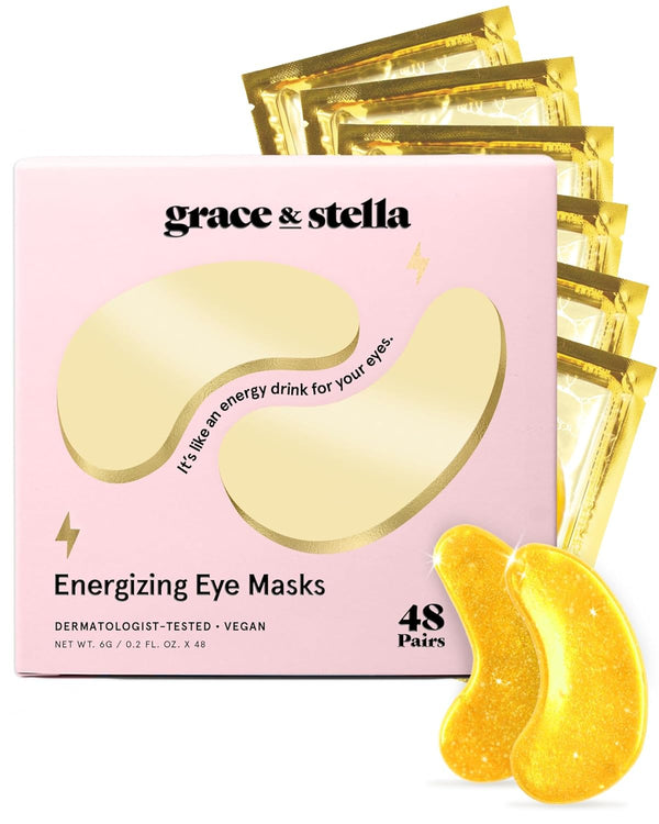 Grace & Stella Award Winning under Eye Mask - Travel Essentials - Anniversary Gifts for Women - Gel Eye Patches for Dark Circles, Puffy Eyes, Wrinkles, Undereye Bags - Vegan Self Care (48 Pairs, Gold)