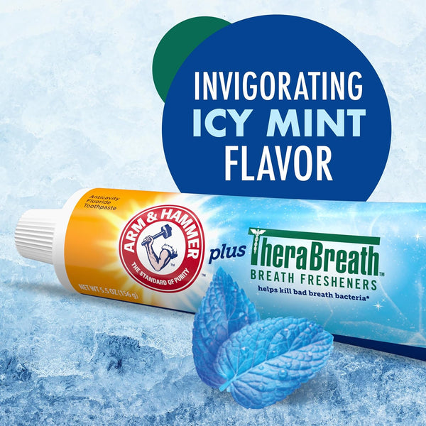 ARM & Hammer Toothpaste Plus TheraBreath Breath Fresheners, ICY Mint Flavor, Teeth Whitening Toothpaste, Anticavity Fluoride for Bad Breath, 5.5