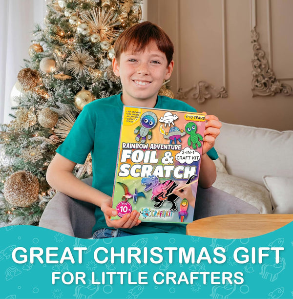 Craftikit Â® Rainbow Adventure Foil Art & Scratch Art for Kids- 2-In-1 Arts and Crafts Kit for Kids Ages 4-10 - Rainbow Crafts for Boys Ages 4, 5,