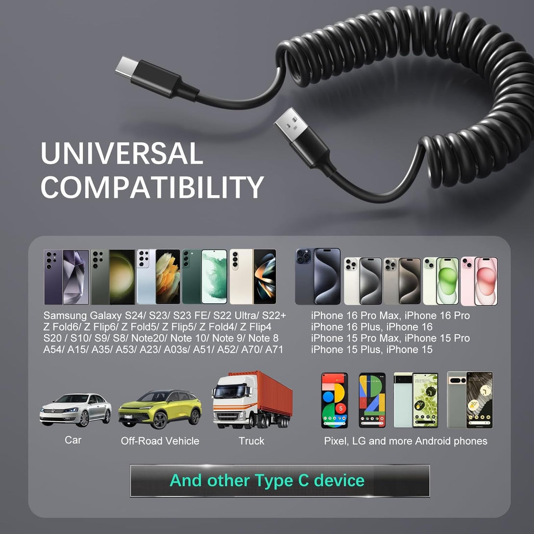 USB to USB C Cable Coiled Car Charger, C Charger Fast Charging Cord 3Ft for Carplay 60W 3A Retractable Auto USB a to USB C for Iphone 16 15 Galaxy S25 Ultra S24 FE A15 A54 A35 A16, 2Pack