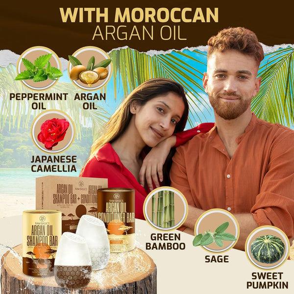 Moroccan Argan Oil Shampoo and Conditioner Solid Bars Set - Zero Waste Natural Products and Sulfate Free Travel Size Toiletries - No Bottle - Care
