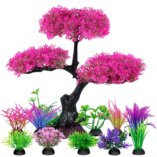 Ameliade Aquarium Artificial Plastic Plants Decoration, Pink Cherry Blossom Tree Aquarium Decor Set, Goldfish Betta Fish