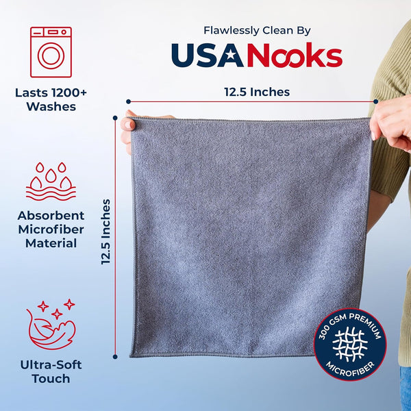 USANOOKS Microfiber Cleaning Cloth Grey - 12 Pcs (12.5"X12.5") - High Performance - 1200 Washes, Ultra Absorbent Microfiber Towel Weave Grime &