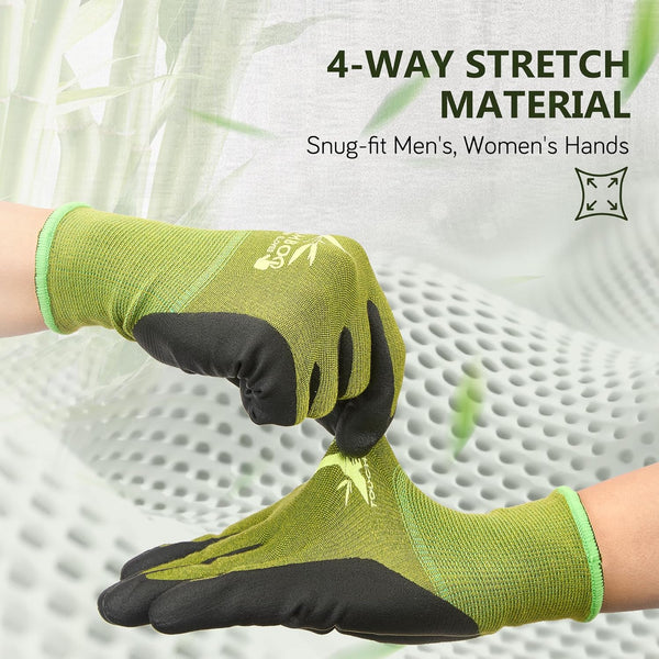 COOLJOB 2 Pairs Gardening Gloves for Women and Men, Bamboo Working Gloves Touchscreen, Grippy Nitrile Rubber Coated Work Gloves, Green/Black,