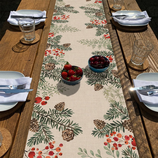 Seliem Winter Pine Cone Needle Branch Berry Table Runner, Watercolor Botanical Tabletop Scarf Home Kitchen Plant Decor, 