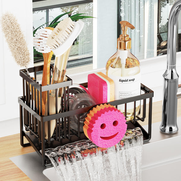 Sponge Holder for Kitchen Sink,Smiley Face Sink Caddy with Removable Brush Holder,Self-Draining Sponge Caddy for Sponge,Soap,Dish