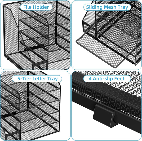 Marbrasse Desk Organizers and Accessories, 5-Tier Paper Letter Tray Organizer with File Holder, Mesh File Organizer, Office Desk Accessories &