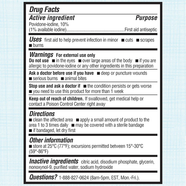 Betadine Antiseptic First Aid Solution, Povidone-Iodine 10%, Infection Protection, Kills Germs in Minor Cuts Scrapes and Burns, No Sting Promise,