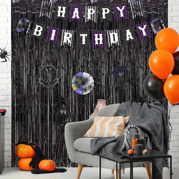 Black Tinsel Curtain Party Backdrop - GREATRIL Party Streamers Backdrop Foil Fringe Curtains for Birthdays/Wizard Halloween Decorations - 1M X