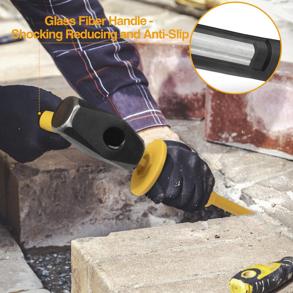 KURUI 3Lb Sledge Hammer & Flat Chisel with Hand Protection for Tile/Rock/Masonry/Concrete/Brick/Rockhounding, Mason Flat Head Chisel & Small