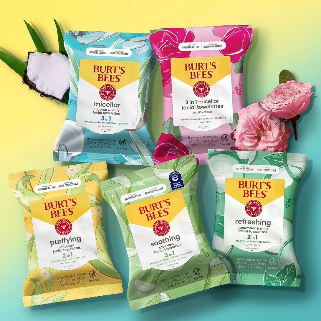 Burt'S Bees Rose Water Face Wipes, for All Skin Types, Hydrating Micellar Makeup Remover & Facial Cleansing Towelettes, 30 Ct (3-Pack)