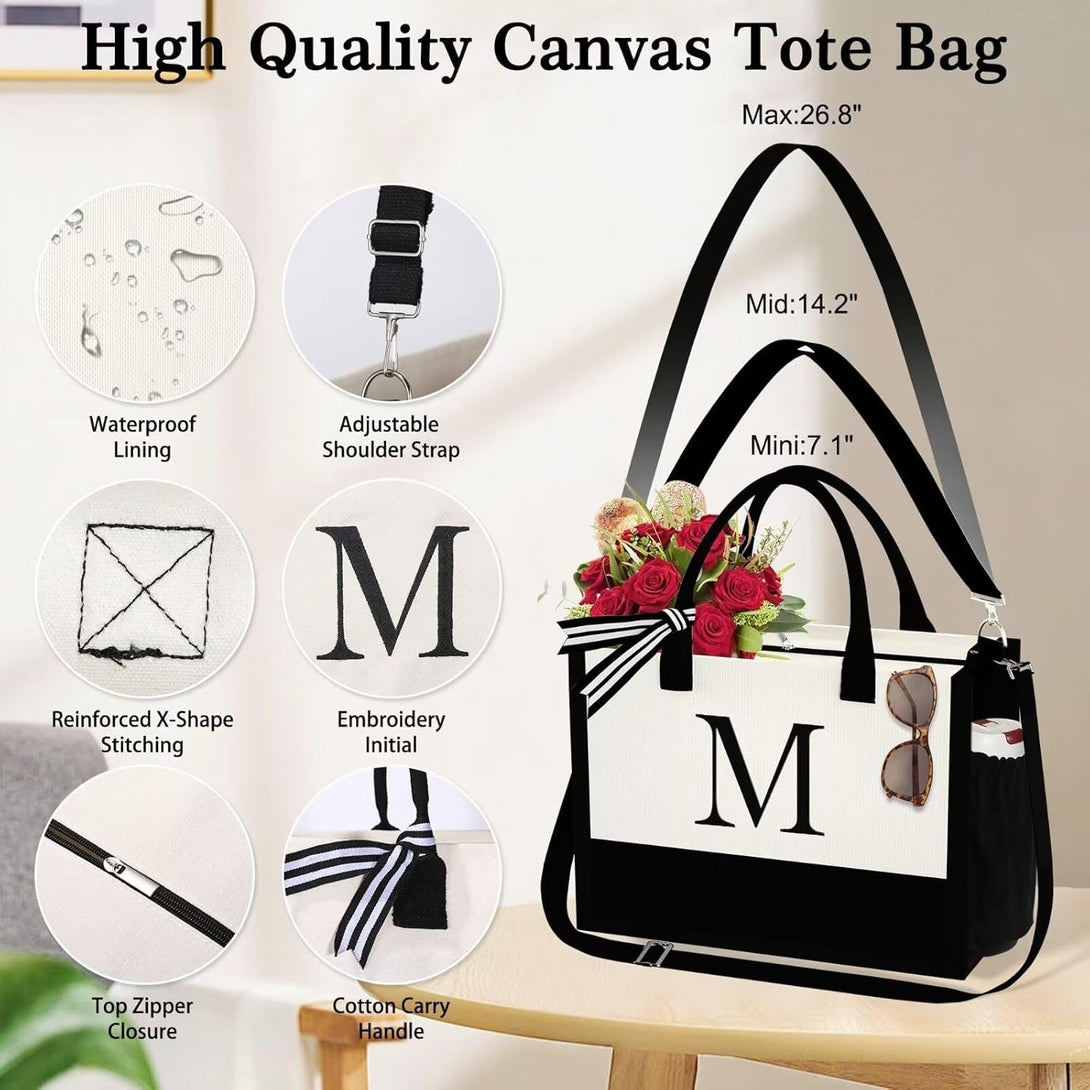 YOOLIFE Initial Canvas Tote Bag & Makeup Bag, Birthday Gifts for Women Mom Sister Friends, Bridesmaid Wedding Gifts