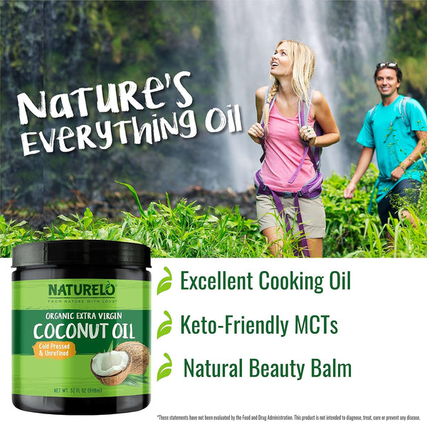 NATURELO Coconut Oil - Multi-Purpose Extra Virgin Coconut Oil for Skin, Organic Coconut Oil for Cooking, Unrefined Coconut Oil for Hair 32 Oz
