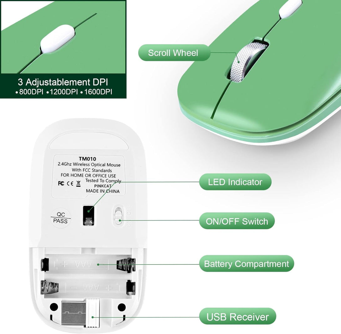 PINKCAT Wireless Mouse, 2.4G Slim Silent Cordless Mouse with USB Receiver, 3 Adjustable DPI Portable Optical Wireless Computer Mice for Laptop, PC, Notebook, Computer, Desktop, Mac (Green)