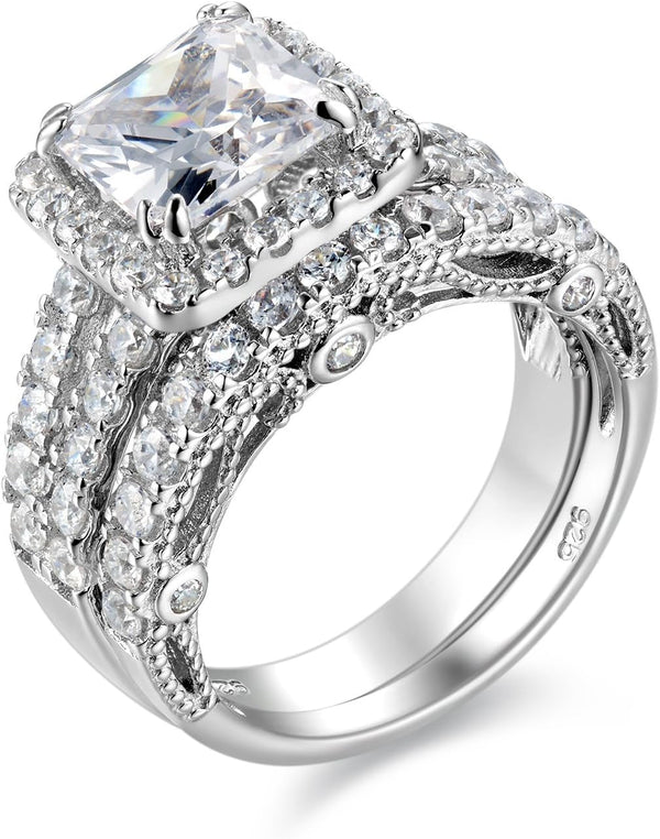 Wuziwen 4Ct Engagement Rings for Women Sterling Silver Cubic Zirconia Wedding Bridal Ring Set Size 4-13