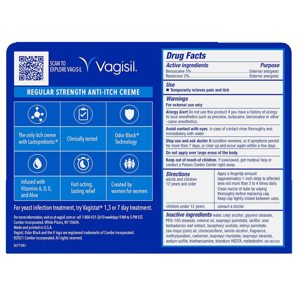Vagisil Regular Strength Anti-Itch Feminine Cream for Women, Gynecologist Tested, Hypoallergenic, Fast-Acting and Long-Lasting Itch Relief,