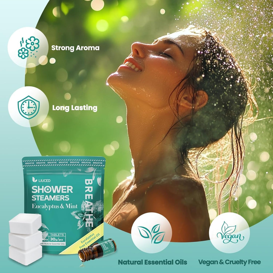 Shower Steamers Aromatherapy - 14 Pack Eucalyptus & Mint Shower Bombs and 5Ml Natural Eucalyptus Essential Oils, Nasal Relief, Birthday Gifts for Women, Self Care Stress Relief Gifts for Mom Wife Her