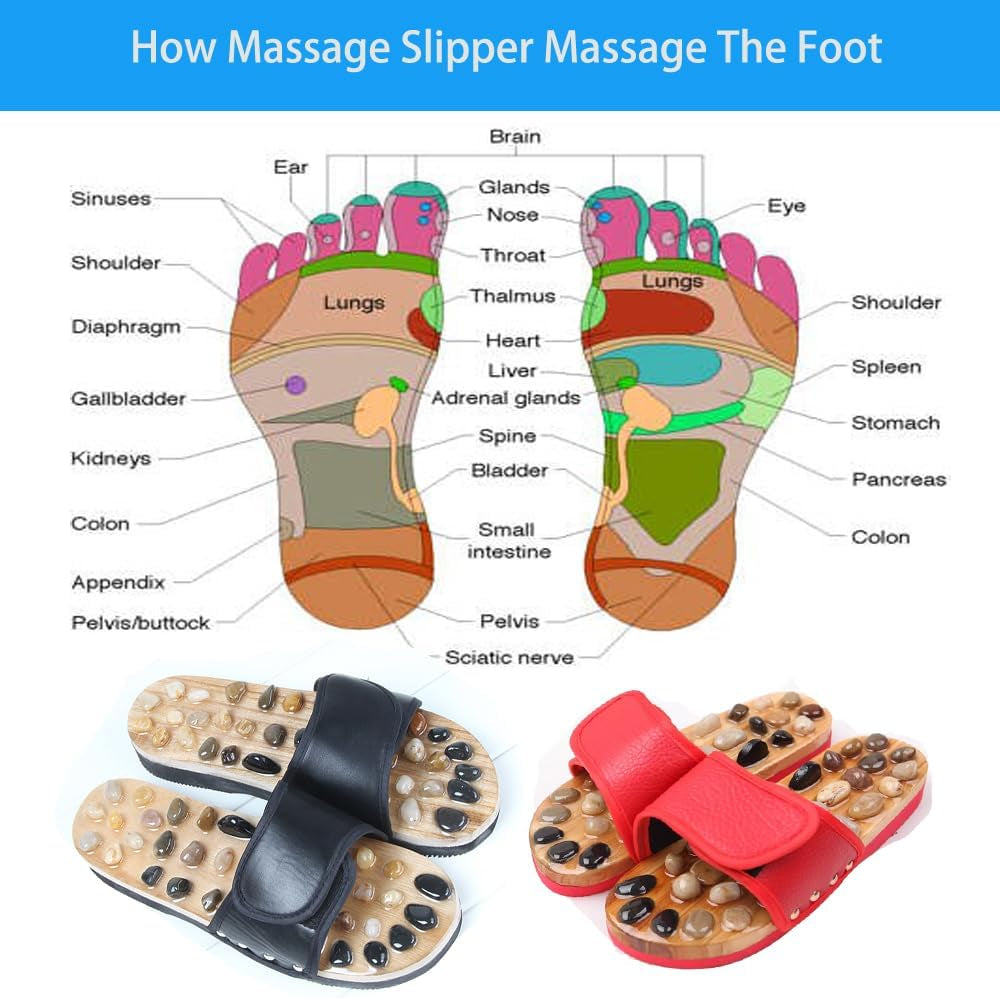 Reflexology Foot Massager Slipper Acupuncture Massage Sandals with Natural Stones Acupoint Massage Shiatsu for Foot Pain Relief Suit for Men and Women (M) Black