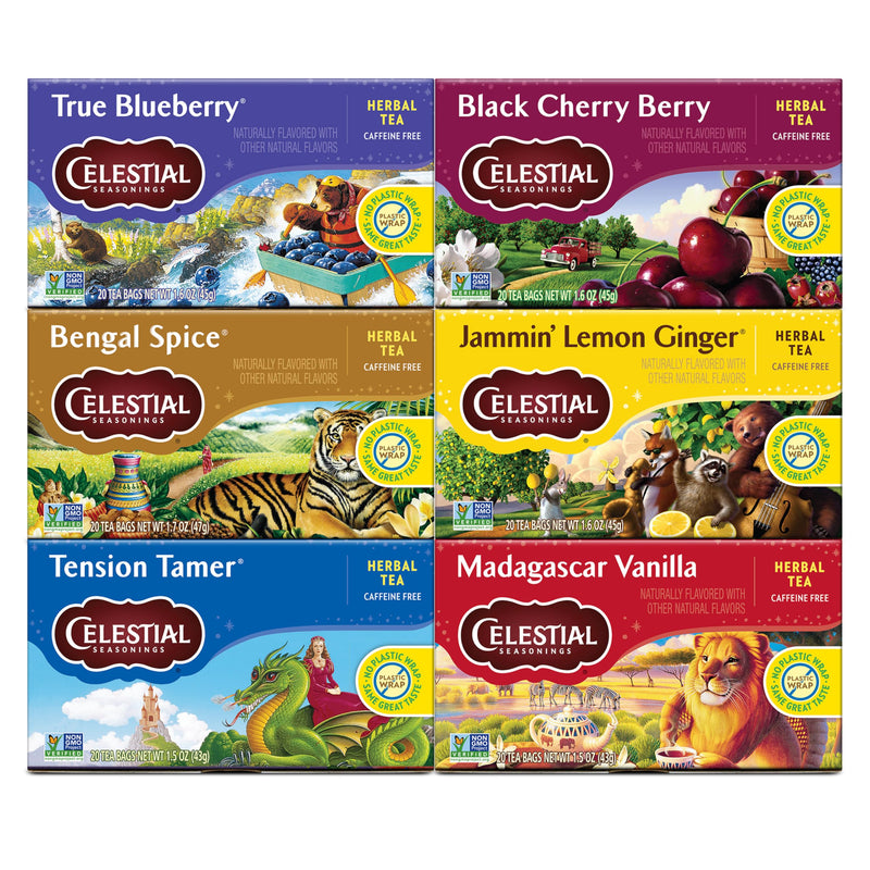 Celestial Seasonings Herbal Tea Variety Pack, Herbal Tea Set with Rooibos, Blueberry, Tension Tamer, Cherry Berry, Bengal Spice, and Lemon Ginger