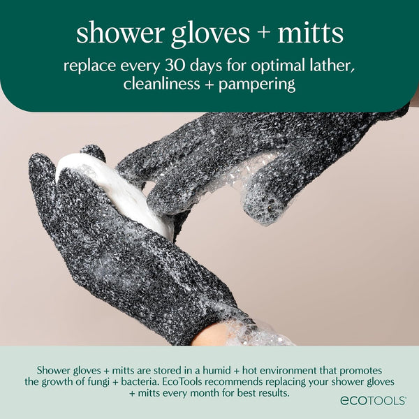 Ecotools Charcoal Bath + Shower Gloves, Exfoliating Gloves Remove Dead Skin & Cleanse Whole Body, Bath Gloves Infused with Charcoal to Scrub &