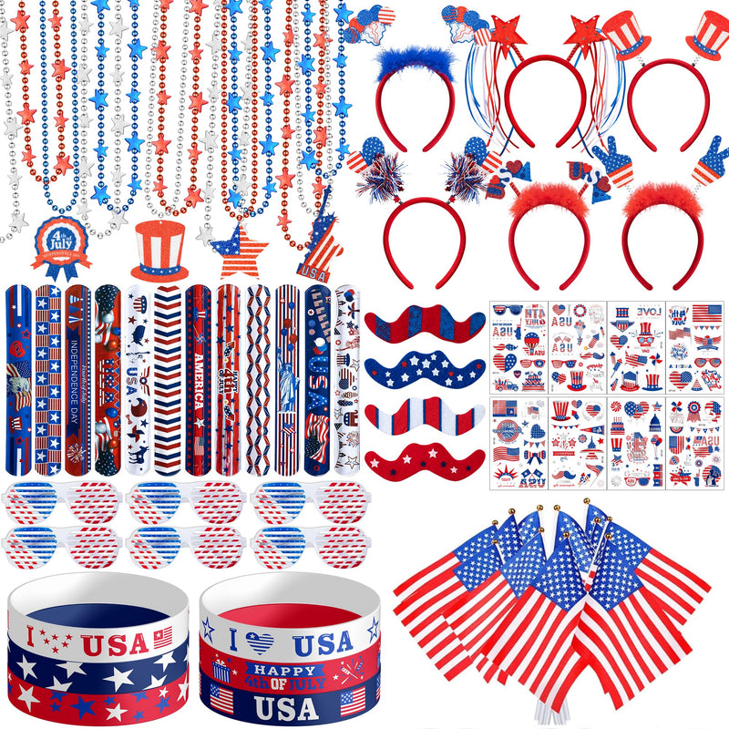 4Th of July Party Favors Set, Fourth of July Decorations 158 Pcs Accessories Includes Slap Bracelets, Necklaces, USA Flags, Tattoos, Wristbands,