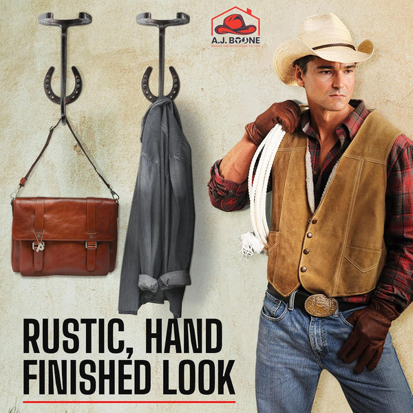 Cowboy Hat Rack - Set of 2 Decorative Wall-Mounted Holder - Heavy-Duty Iron Hanger and Organizer DIY Kit for Hats, Coats and Keys - Rustic Western