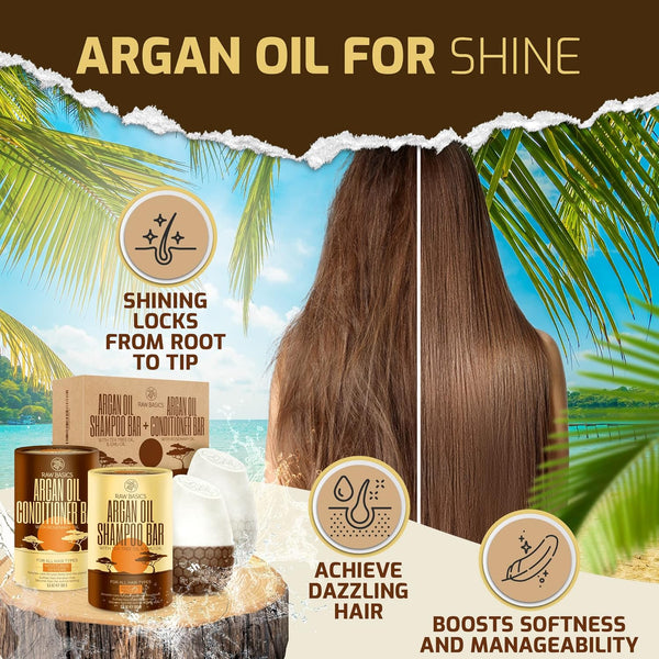 Moroccan Argan Oil Shampoo and Conditioner Solid Bars Set - Zero Waste Natural Products and Sulfate Free Travel Size Toiletries - No Bottle - Care