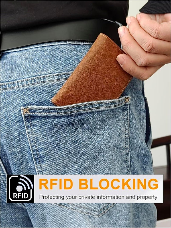 Slim RFID Blocking Genuine Leather Bifold Wallet, Front Pocket Minimalist Card Holder for Men & Women (Vintage Tan)