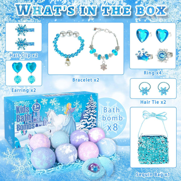 Bath Bombs for Kids with Surprise Inside, 8 Pack Bath Bombs with Frozen Toys, Princess Jewelry & Cross-Body Bag, Natural Fizzy Bubble Bath Balls