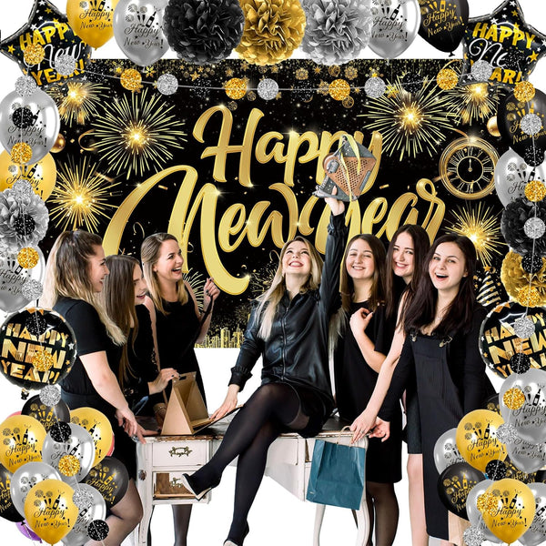Happy New Year Party Backdrop Fabric Sign Poster Banner with Pattern Firework for New Year Party Decoration Photo Props Background Supplies