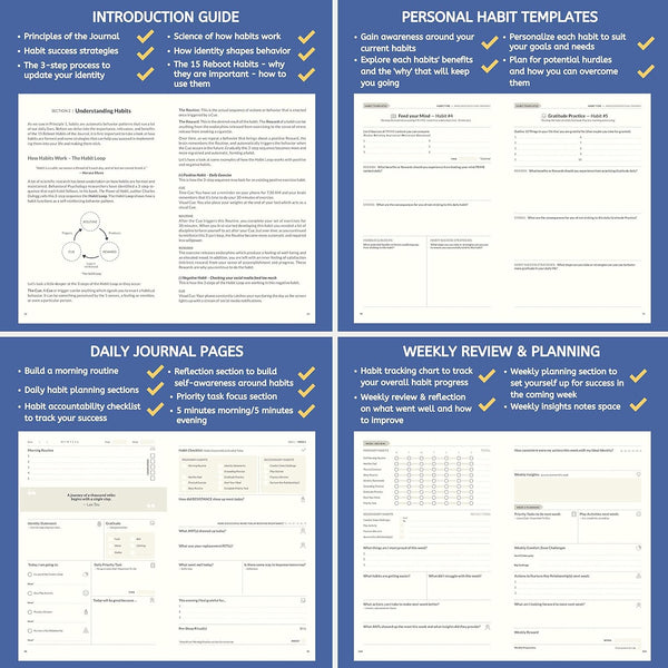 The Reboot Journal - Habit Journal for Building Positive Life Changing Habits - Guided Daily Self Improvement Blueprint with Habit Tracker -