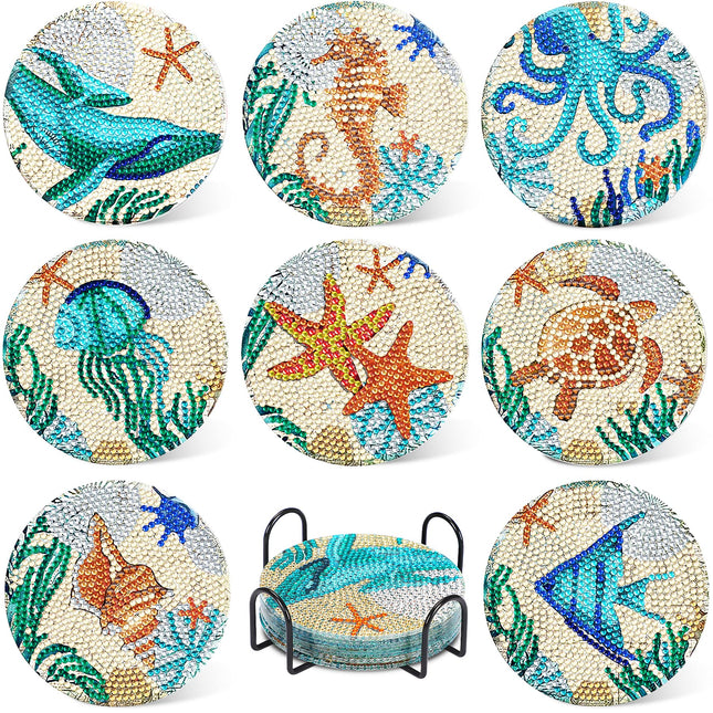 UPINS Ocean Diamond Art Painting Coaster Kit, 8Pcs DIY Crafts Kit with Holder, Non Slip Coaster Art Supplies for Adults,