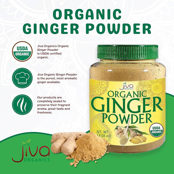 Jiva Organics Organic Ginger Root Powder 1 LB Jar - Gluten Free, Non-Gmo - for Cooking, Baking, Tea & More - Bulk Ginger Ground Dry