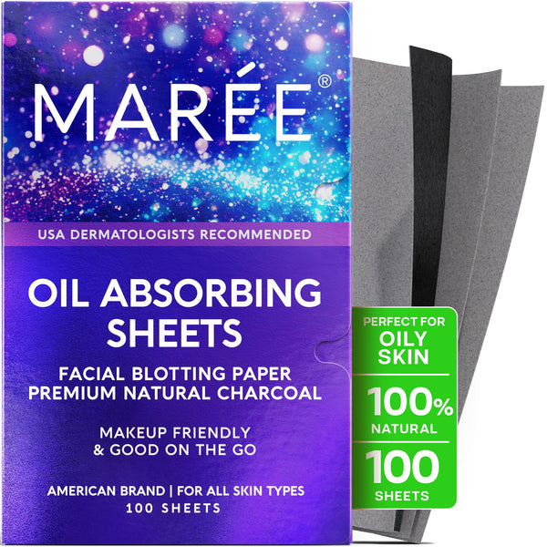MAREE Oil Blotting Sheets for Face (100 Sheets) - Mineral Blotting Papers for Face with Bamboo Charcoal - Maximum Absorption & Shine Control -