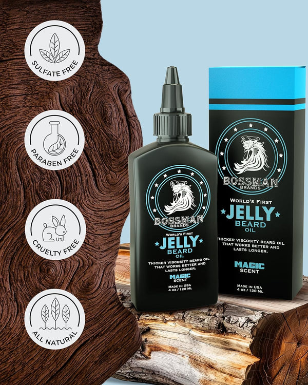 Bossman Jelly Beard Oil for Men (4 Oz, Magic Scent) â Softens, Moisturizes & Conditions with Natural Ingredients