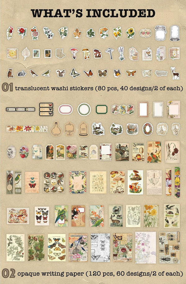 Knaid 200 Pieces Vintage Ephemera Pack Decoupage Paper Junk Journal Kit Scrapbook Planner Sticker Supplies for Art Journaling Bullet Journals