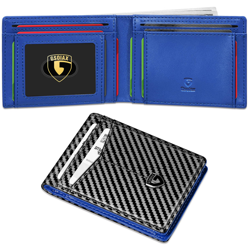 GSOIAX Slim Wallet for Men Leather Carbon Fiber RFID Blocking Minimalist Front Pocket Bifold Mens Wallet with ID Window,12 Credit Card Holders