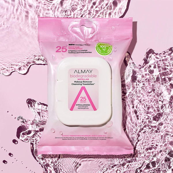 Almay Makeup Remover Cleansing Towelettes, Biodegradable Micellar Water Wipes for Sensitive Skin, Hypoallergenic, Cruelty- & Fragrance-Free, 25 Count