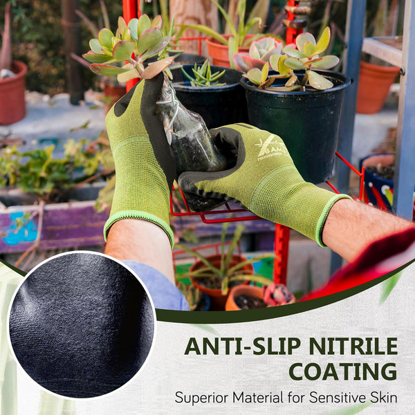 COOLJOB 2 Pairs Gardening Gloves for Women and Men, Bamboo Working Gloves Touchscreen, Grippy Nitrile Rubber Coated Work Gloves, Green/Black,
