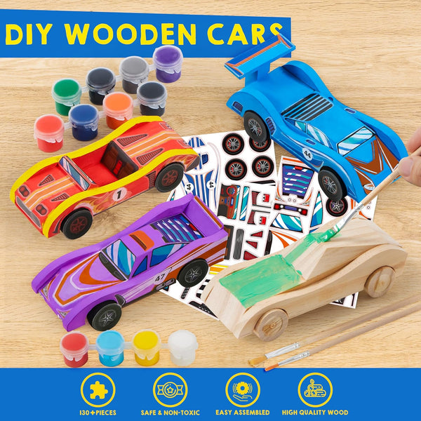 Klever Kits 4 DIY Wooden Race Cars-Build & Paint Your Own Wood Craft Kit, 4 Race Cars Toy, Easy to Assemble Arts Crafts Kit, Birthday Party