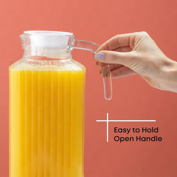Joyjolt 60Oz Glass Pitcher with Lid (2 Lids) - Beverage Serveware and Storage Container for Cold Drinks and Liquids. Juice Container, Water Jug,