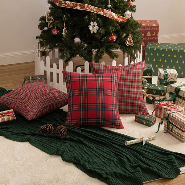 AQOTHES Pack of 2 Christmas Plaid Decorative Throw Pillow Covers Scottish Tartan Cushion Case for Farmhouse Home Holiday Decor Red and Green, 18 X