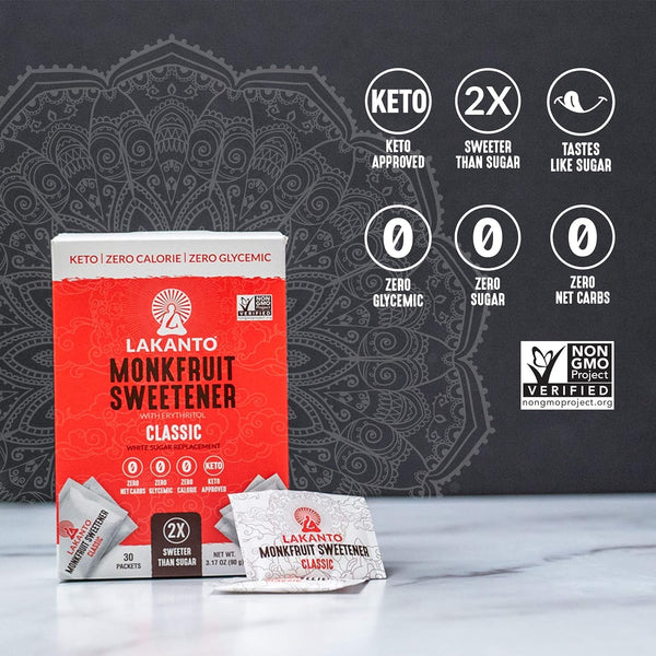 Lakanto Classic Monk Fruit Sweetener with Erythritol Packets - White Sugar Replacement, Zero Net Carbs, Zero Calorie, Sweeten on the Go, Coffee,