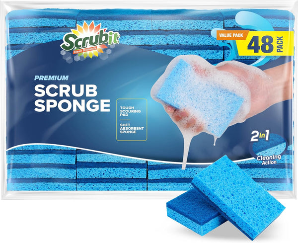 SCRUBIT 48 Pack Kitchen Sponges - Dish Sponge for Washing Dishes, Kitchen & Bathroom â Blue Dishwashing Sponges along with a Thought Scrubber â