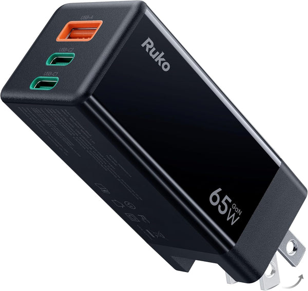 Ruko PD65W USB C Charger, 3-Port Gan Fast Charger Block, Compact Foldable Wall Charger for Iphone 16/15, Macbook Pro/Air, Galaxy S24, Pixel,