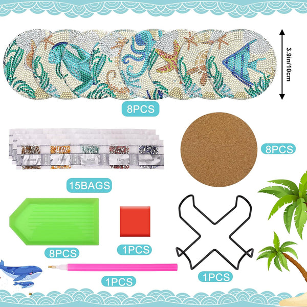 UPINS Ocean Diamond Art Painting Coaster Kit, 8Pcs DIY Crafts Kit with Holder, Non Slip Coaster Art Supplies for Adults, Ideal Christmas Gift